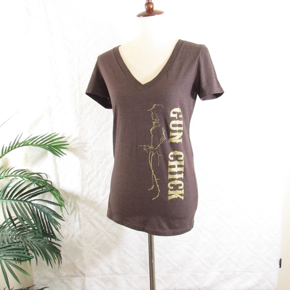 NEXT LEVEL Brown Gun Chick T-Shirt Sz L - Picture 2 of 4